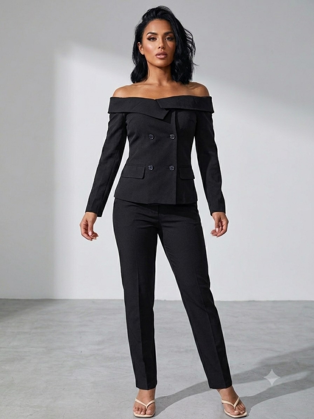 Off-Shoulder Double-Breasted Black Women's Jacket
